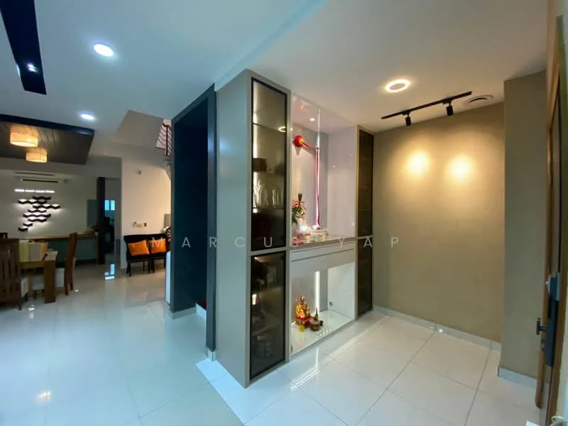 Room features: white tiled flooring, cream painted walls, recessed downlights, built-in display cabinet with glass doors, decorative altar with offerings, open layout, ceiling with decorative lighting, wall-mounted air conditioning unit; style: modern.