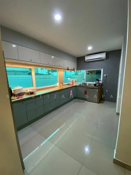 Kitchen features: grey cabinetry, white countertop, double-bowl stainless-steel sink, chrome pull-down faucet, built-in oven, freestanding range oven, microwave, refrigerator, window with green view, recessed LED downlights, wall-mounted split AC, ceramic tile flooring, grey accent wall; style: modern; view: garden.