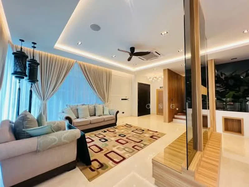 Living features: 3-seater fabric sofa in light blue, area rug with geometric pattern, recessed LED downlights, 5-blade ceiling fan, floor-to-ceiling windows with sheer curtains, cream painted walls, polished marble flooring, decorative wall paneling, chandelier, wooden accent wall; style: modern.