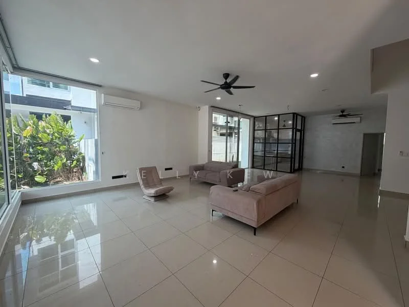 Living features: large floor-to-ceiling windows, 2-seater fabric sofa in light grey, 1 single lounge chair, ceiling fan with light, white painted walls, polished ceramic tile flooring, air conditioning unit, glass partition with black frame, greenery view from windows, recessed lighting; style: modern; view: garden.