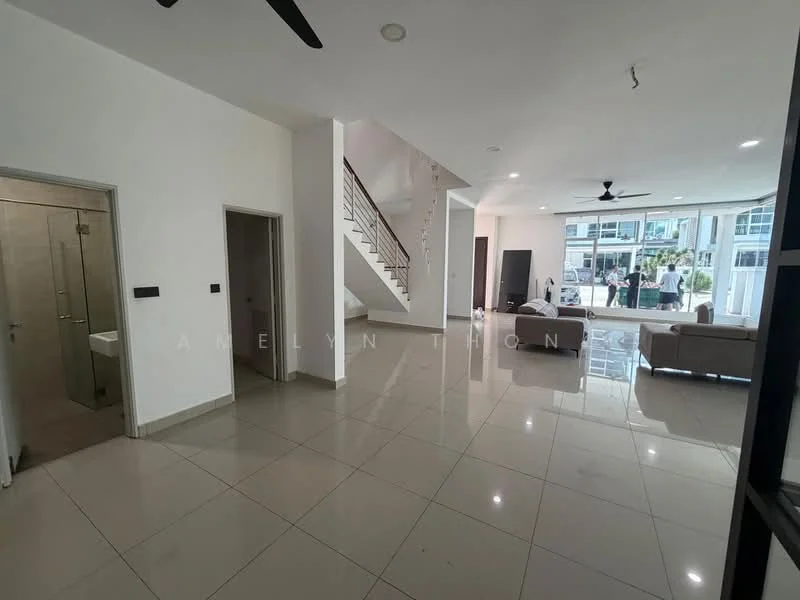 Living features: large floor-to-ceiling windows, white painted walls, light-colored tiled flooring, ceiling fan, sofa set, coffee table, TV console, staircase, open layout, natural light, decorative wall, wall-mounted TV; style: modern; view: garden. Room features: doorway to bathroom, white painted walls, light-colored tiled flooring.