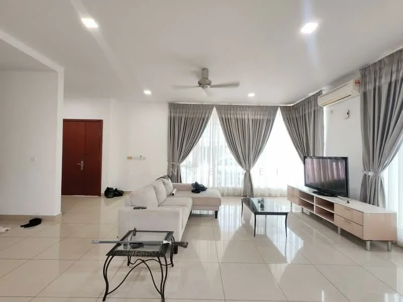 Living features: white painted walls, glossy ceramic tile flooring, 5-blade ceiling fan with light, floor-to-ceiling windows, sheer curtains, dark grey curtains, TV console, wall-mounted TV, coffee table, light-colored fabric sofa, decorative wall art, air conditioning unit; style: modern.