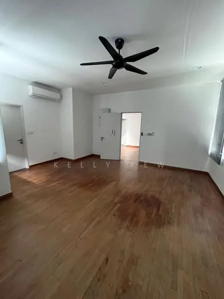 Room features: wooden flooring, white painted walls, 5-blade ceiling fan, wall-mounted split AC, window with blinds, door leading to another room, light source from ceiling, no visible furniture.