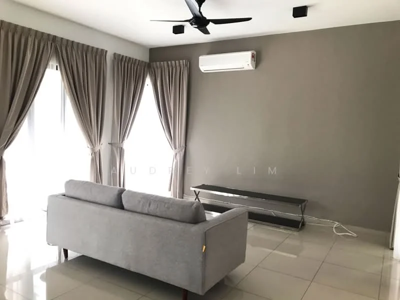 Living features: grey fabric sofa, wall-mounted TV console, 5-blade ceiling fan with light, floor-to-ceiling windows, sheer curtains, cream tiled flooring, light grey painted walls, air conditioning unit; style: modern.
