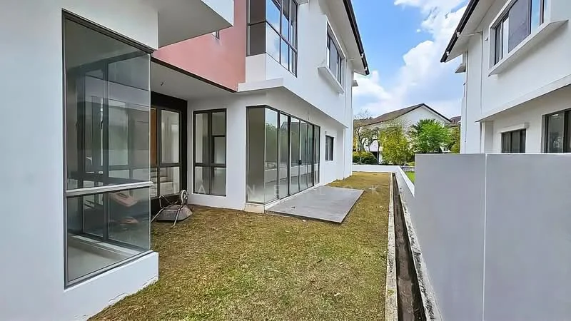Exterior type: detached bungalow; features: white painted facade, large glass windows, sliding glass doors, manicured lawn, concrete walkway, surrounded by greenery, two-storey structure, flat roof; style: modern.