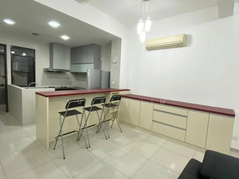 Kitchen features: white painted walls, cream tiled flooring, red countertop, kitchen island with seating for 3, stainless-steel sink, built-in oven, stainless-steel gas hob, exhaust hood, refrigerator, wall-mounted split AC, cabinets with flat-panel design; style: modern.