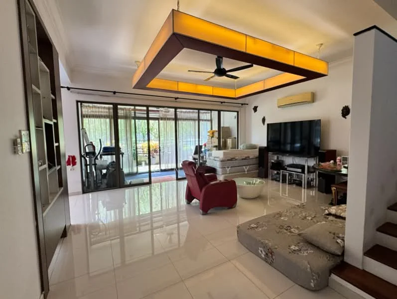 Living features: white painted walls, glossy tile flooring, tray ceiling with integrated lighting, 5-blade ceiling fan, large sliding glass door, floor-to-ceiling windows, wall-mounted TV, entertainment unit, coffee table, red leather armchair, grey fabric sofa, decorative cushions, exercise equipment visible, area rug; style: modern; view: garden.