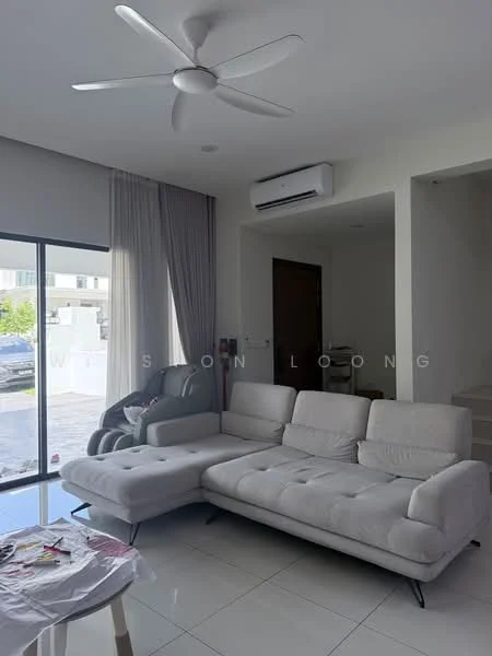 Living features: 3-seater fabric sofa in light grey, coffee table, floor-to-ceiling windows, sheer curtains, wall-mounted split AC, white painted walls, recessed downlights, tile flooring, ceiling fan with 5 blades, decorative wall art; style: modern; view: garden.