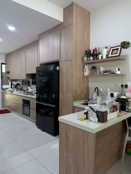 Kitchen features: wood cabinetry, black refrigerator, built-in oven, stainless-steel sink, chrome pull-down faucet, white countertop, open shelving, kitchen island, ceramic tile flooring, recessed downlights, wall-mounted storage, decorative items on shelves, kitchen utensils, dish rack; style: modern.