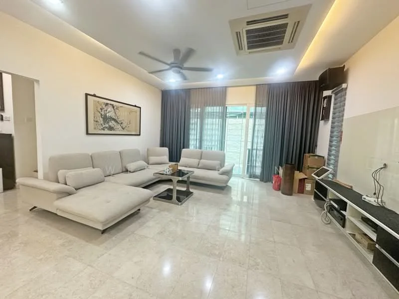 Living features: L-shape sectional sofa in light grey, coffee table, wall-mounted TV, freestanding TV cabinet, marble tile flooring, recessed downlights, 5-blade ceiling fan, floor-to-ceiling windows, sheer curtains, sliding glass door, decorative wall panel, air conditioning unit; style: modern; view: garden.