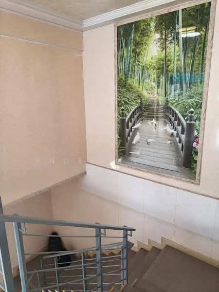 Room features: staircase with metal railing, cream painted walls, tile flooring, large wall mural of a bamboo pathway, natural light from upper levels, decorative wall paneling, light-colored ceiling, steps leading down; style: modern; view: garden.