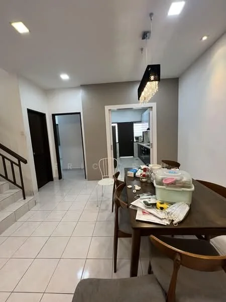 Dining features: rectangular wooden dining table, 4 upholstered dining chairs, chandelier light fixture, white walls, grey accent wall, tile flooring, open layout to living area, decorative items on table; style: modern. Room features: staircase leading to upper floor, doorway leading to kitchen, doorway leading to hallway, white ceiling with recessed lighting.