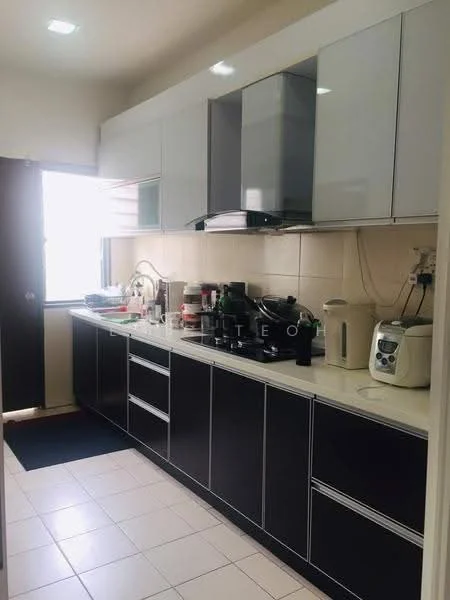 Kitchen features: black and white cabinetry, white countertop, stainless-steel sink, chrome pull-down faucet, built-in oven, freestanding range oven, microwave, toaster, kettle, rice cooker, blender, ceramic tile flooring, wall-mounted cabinets, window with natural light, tile backsplash; style: modern.