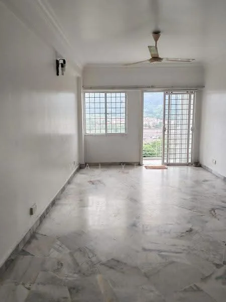 Living features: white painted walls, marble flooring, 5-blade ceiling fan, floor-to-ceiling windows, sliding glass door, city view; view: city.