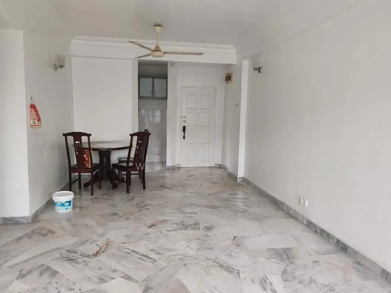 Living features: marble flooring, white painted walls, ceiling fan, round dining table, 2 dining chairs, door with white panel, light fixture on ceiling, window with natural light; style: modern.