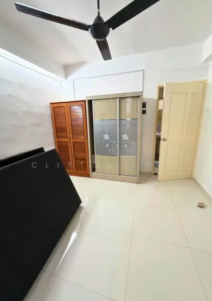 Room features: white painted walls, glossy tile flooring, 5-blade ceiling fan, wooden wardrobe with sliding doors, wooden cabinet with louvered doors, door with yellow paint, black object in the foreground; style: modern.