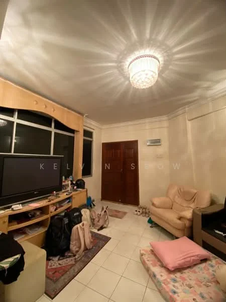 Living features: cream painted walls, white ceiling, chandelier, floor-to-ceiling windows, light-colored leather sofa, TV console, wall-mounted TV, area rug, tile flooring, wooden door, air conditioning unit, decorative pillows; style: modern.