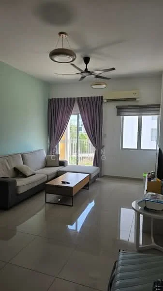 Living features: 3-seater fabric sofa in light grey, wood coffee table, white side table, floor-to-ceiling windows, sheer curtains, roller blinds, wall-mounted air conditioning unit, polished ceramic tile flooring, ceiling fan with light, decorative wall with light green paint, TV console, wall-mounted TV; style: modern; view: garden.