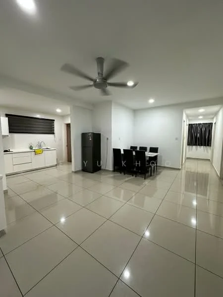 Living features: white painted walls, polished ceramic tile flooring, 5-blade ceiling fan with light, dining table with 6 black chairs, refrigerator, kitchen area with white cabinetry, black window blinds, open layout; style: modern. Room features: white painted walls, polished ceramic tile flooring, black window blinds.