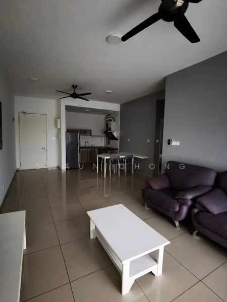 Living features: grey painted walls, white ceiling, 5-blade ceiling fan, 2-seater fabric sofa in purple, white coffee table, tile flooring, open layout, kitchen area visible in background, dining table with chairs visible, wall-mounted TV, natural light from windows; style: modern.
