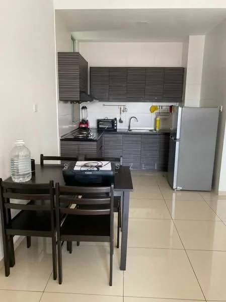Kitchen features: dark wood cabinetry, stainless-steel sink, chrome pull-down faucet, built-in gas stove, exhaust hood, black countertop, white tiled backsplash, refrigerator, dining table with four chairs, ceramic tile flooring, white walls, wall-mounted kitchen utensils holder; style: modern.