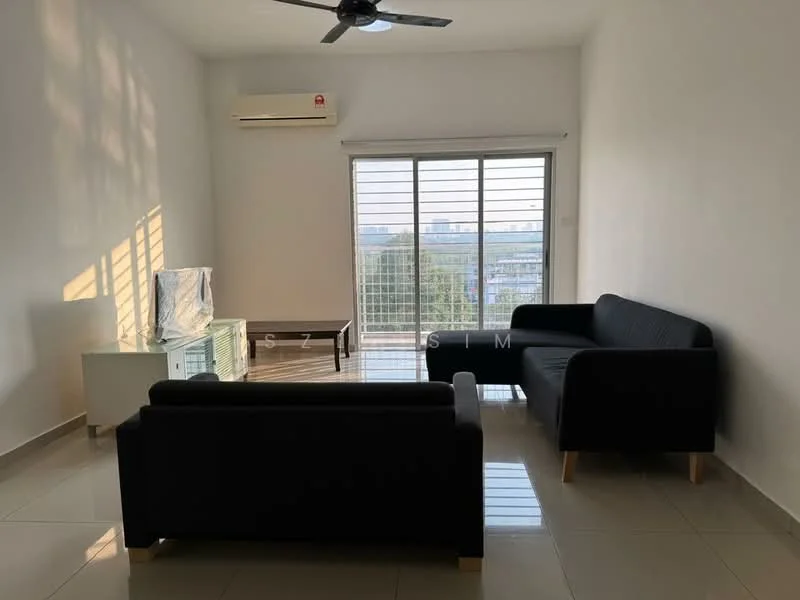 Living features: 2-seater fabric sofa in black, 3-seater fabric sofa in black, coffee table, TV console, floor-to-ceiling windows, sliding glass door, white painted walls, glossy tile flooring, 1 wall-mounted split AC, ceiling fan with light; style: modern; view: city.