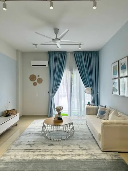 Living features: 3-seater fabric sofa in white, round coffee table with metal base, area rug with geometric pattern, floor-to-ceiling windows, sheer curtains in light blue, blue accent wall, wall-mounted air conditioning unit, ceiling fan with light, decorative wall art, light fixture with multiple bulbs; style: modern.