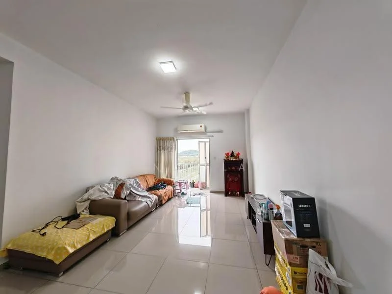 Living features: cream painted walls, glossy ceramic tile flooring, 5-blade ceiling fan with light, floor-to-ceiling windows, sliding glass door, curtains, brown leather sofa, coffee table, decorative cabinet, various boxes and items on the floor; style: modern; view: garden.