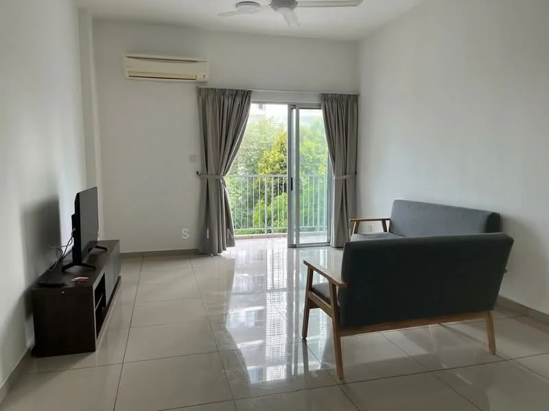Living features: grey fabric sofa, wooden armchair, TV console, wall-mounted TV, floor-to-ceiling windows, sliding glass door, curtains, ceiling fan, white painted walls, glossy tile flooring, air conditioning unit; style: modern; view: garden.