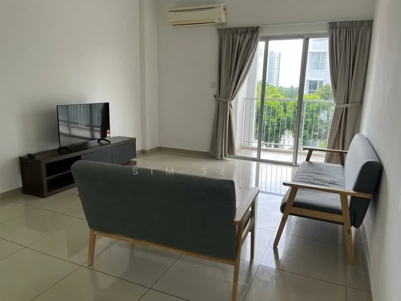 Living features: 2-seater fabric sofa in grey, wooden armchair, TV console, wall-mounted TV, floor-to-ceiling windows, sliding glass door, curtains, air conditioning unit, ceramic tile flooring, white painted walls; style: modern; view: city.