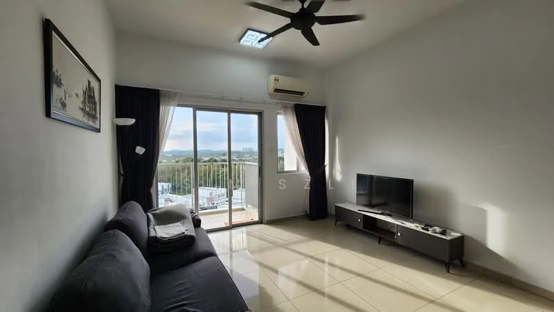 Living features: 3-seater fabric sofa in dark grey, floor-to-ceiling windows, sliding glass door, blackout curtains, light-colored walls, glossy tile flooring, ceiling fan with light, wall-mounted TV, TV console, air conditioning unit; style: modern; view: city.