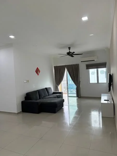 Living features: 3-seater fabric sofa in grey, coffee table, wall-mounted TV, floor-to-ceiling windows, curtains in grey, white painted walls, polished tile flooring, ceiling fan with light, air conditioning unit; style: modern; view: city.