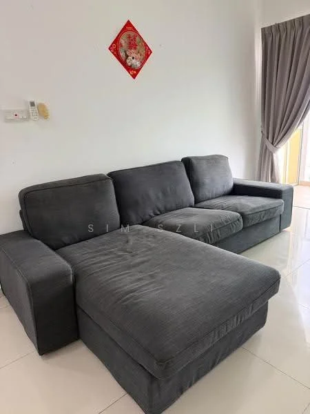 Living features: L-shape sectional sofa in grey, white walls, glossy tile flooring, floor-to-ceiling window, sheer curtains, decorative wall hanging, natural light, neutral color palette; style: modern.