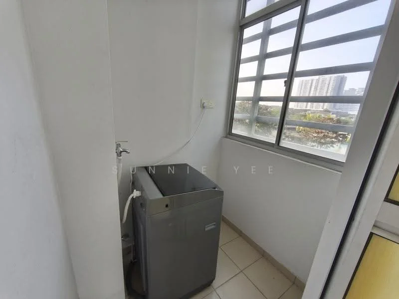 Laundry features: washing machine, grey appliance, white walls, tile flooring, window with metal frame, city skyline view, plumbing connection, power outlet; view: city.