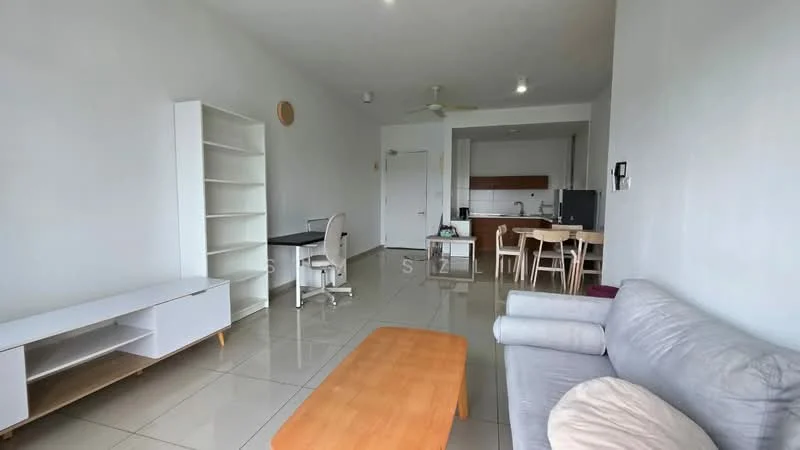 Living features: grey fabric sofa, wood coffee table, white TV console, open shelving unit, desk with chair, dining table with chairs, ceramic tile flooring, white painted walls, ceiling fan, recessed downlights; style: modern.