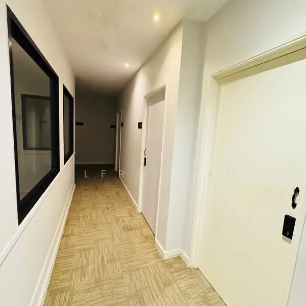 Hallway features: white painted walls, tile flooring, recessed downlights, multiple doors, large windows, neutral color scheme, baseboards, hallway lighting; style: modern.