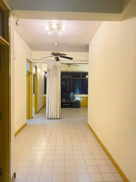 Room features: white painted walls, ceiling fan, tile flooring, large windows, curtains, light fixture, door frames, open layout.