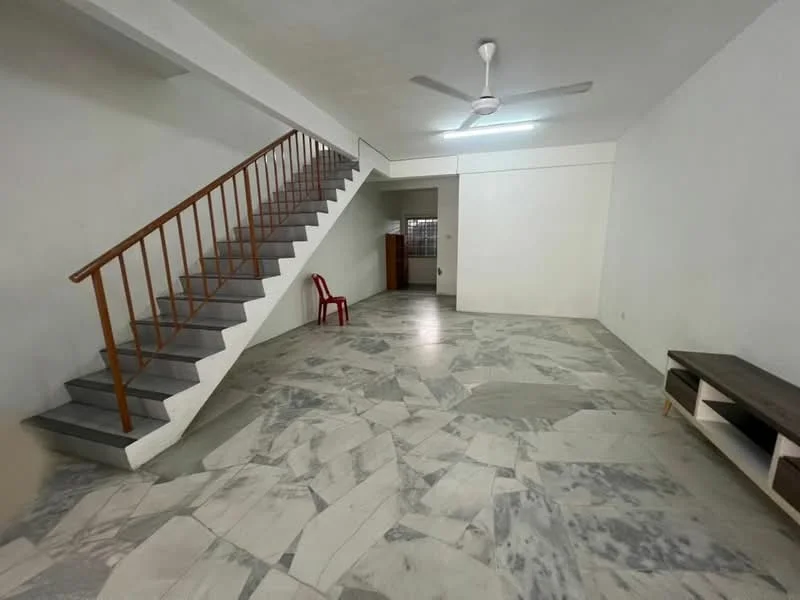 Living features: marble flooring, white painted walls, ceiling fan, staircase with wooden railing, large open space, natural light from windows, minimalist decor, built-in TV console; style: minimalist.