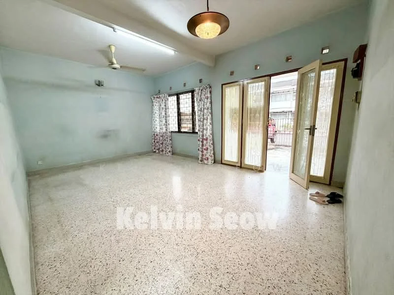 Living features: light grey painted walls, polished terrazzo flooring, 5-blade ceiling fan, floor-to-ceiling windows, French doors, sheer curtains, decorative light fixture, door leading outside.