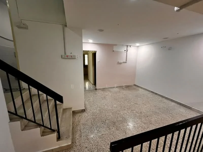 Room features: terrazzo flooring, white painted walls, recessed downlights, staircase with black railing, wall-mounted air conditioning unit, doorway leading to another room, light switch panel, corner wall with no visible decor; style: modern.