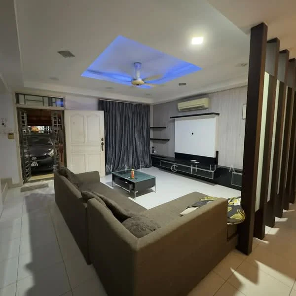 Living features: 3-seater fabric sofa in grey, coffee table, wall-mounted TV, entertainment unit, ceiling fan with integrated LED light, recessed ceiling with blue LED lighting, white painted walls, tile flooring, curtains, air conditioning unit; style: modern.
