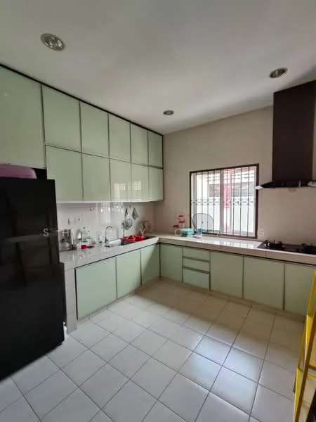 Kitchen features: green cabinetry, white countertop, black refrigerator, built-in gas stove, sink with faucet, window with grid pattern, tile flooring, wall-mounted cabinets, open shelving, kitchen utensils on countertop; style: modern.