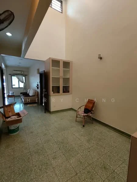 Room features: green tiled flooring, white painted walls, high ceiling, window with grille, built-in cabinets, wooden chair, box storage, light fixture.