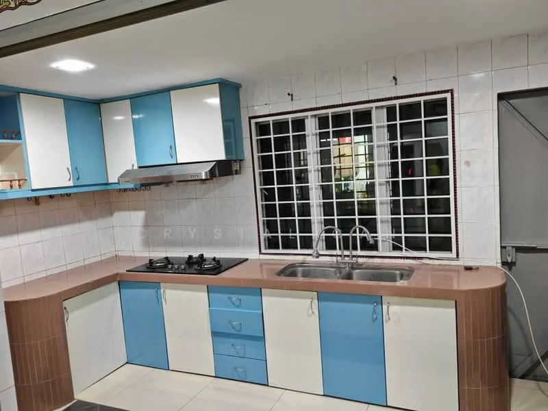 Kitchen features: blue and white cabinetry, stainless-steel sink, chrome pull-down faucet, double-bowl sink, 4-burner gas hob, exhaust hood, white tiled walls, brown countertop, window with grid pattern, floor tiles, built-in storage drawers, open shelving; style: modern.