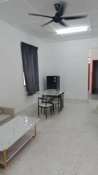 Living features: white painted walls, ceiling fan, marble-top coffee table, 4-seater dining table, black dining chairs, fridge, light-colored sofa, tile flooring.