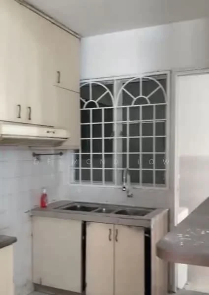 Kitchen features: white cabinetry, stainless-steel double-bowl sink, chrome pull-down faucet, grey countertop, tile backsplash, window with decorative grille, built-in range hood, wall-mounted cabinets, floor tiles, open layout to dining area; style: modern.