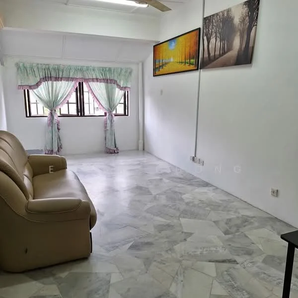 Living features: cream leather sofa, marble flooring, white painted walls, curtains with floral pattern, two windows, decorative wall art, ceiling fan, light fixtures; style: modern.
