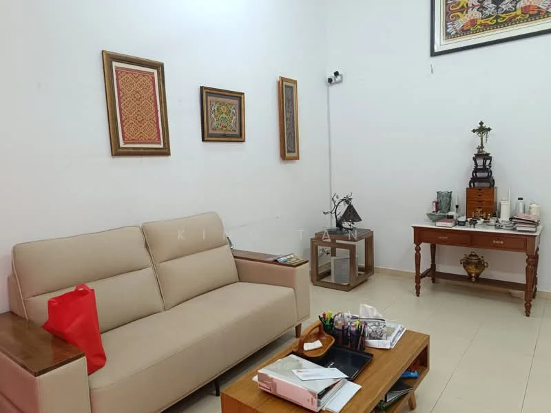 Living features: beige fabric 3-seater sofa, wooden side table, wooden coffee table, framed artwork on walls, white painted walls, tile flooring, decorative items on table, wall-mounted electrical outlet; style: modern.