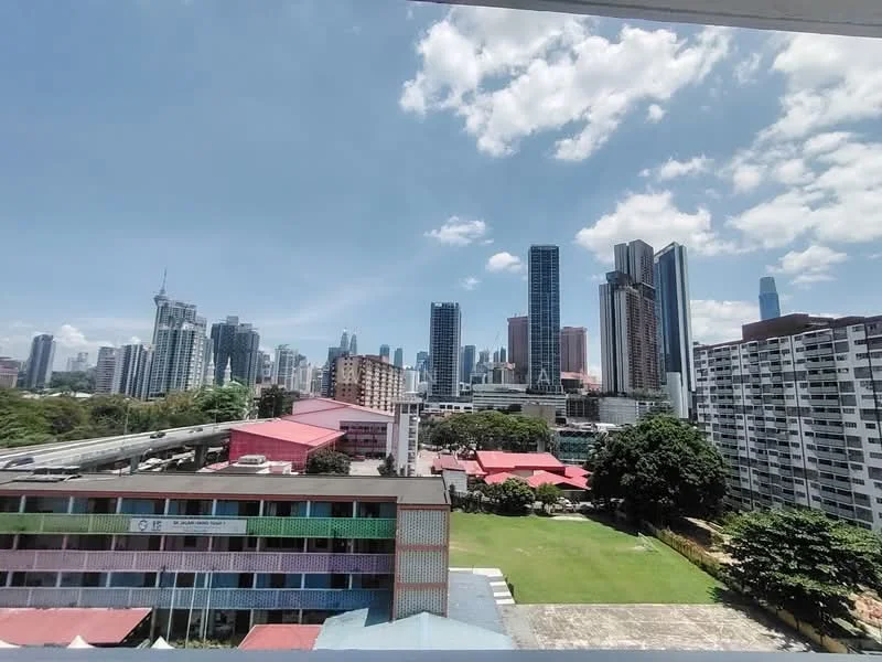 Exterior type: high-rise condominium; features: city skyline view, green lawn area, surrounded by urban buildings, multiple high-rise structures, clear blue sky, scattered clouds; style: modern.