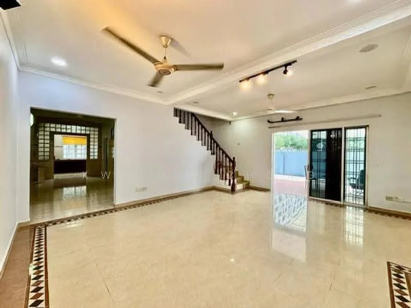 Living features: cream tiled flooring, white painted walls, ceiling fan with light, recessed downlights, staircase with wooden railing, sliding glass door, floor-to-ceiling windows, decorative wall tiles, open layout, natural light from windows; style: modern; view: garden.